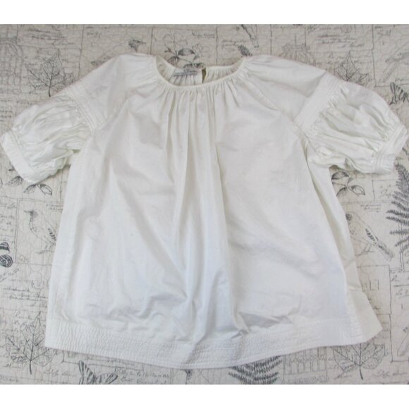 EUC $495 CO ESSENTIALS White Poplin short puff sleeve gather crew neck top M - Picture 1 of 11